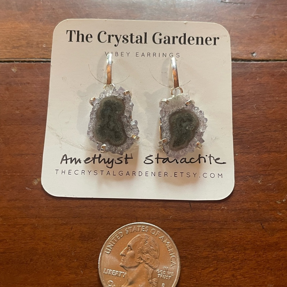 Amethyst Stalactite Dangle Earrings, Silver Plated over Brass, New - Picture 3 of 3